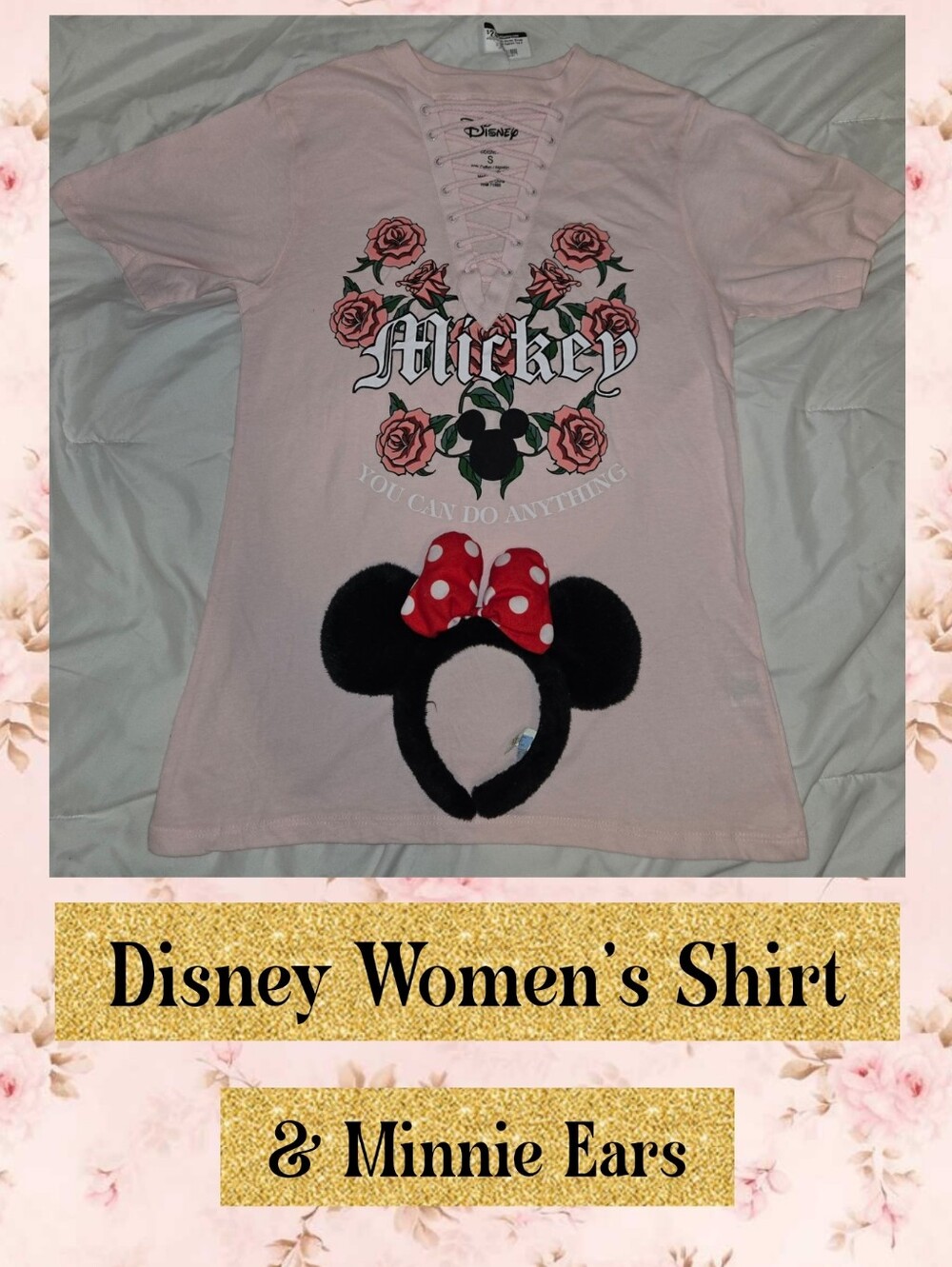 Disney Mickey Lace-Up Pink Short Sleeve Tee & Minnie Ears